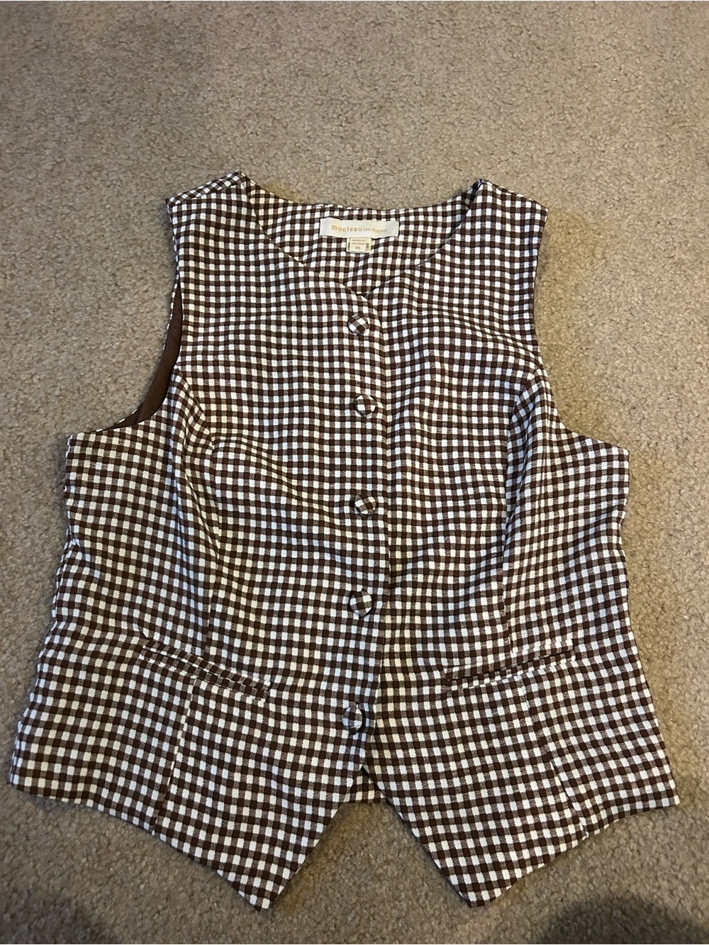 Monteau Brown and White Gingham Sleeveless Button Vest